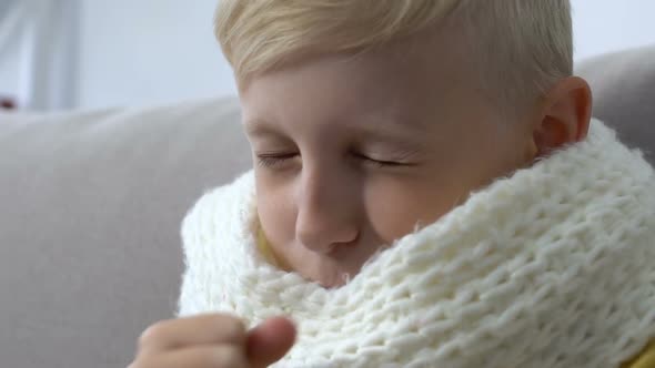 Sick Male Kid Scarf Coughing Suffering Influenza, Illness Symptom, Health Care