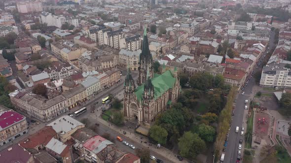 Aerial View of Historical Church of Saints Olga and Elizabeth Old Gothic Temple in Town Lviv Ukraine alt