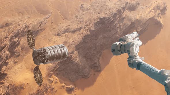 Supply Ship Preparing to Dock with Space Station Over the Surface of Mars alt