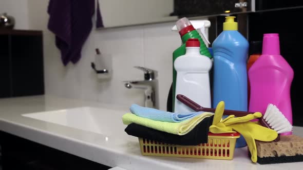 Different Products and Items for Cleaning on the Toilet and Bathroom