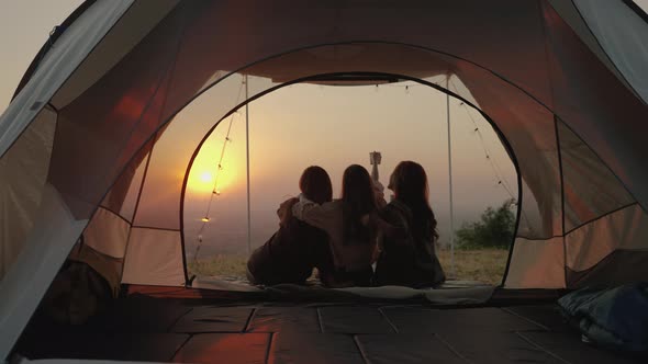 girl friend group Asians socializing during summer camping vacation, vacation concept, travel,