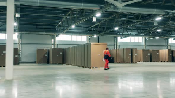 Worker Is Walking Along the Storage of the Refrigeration Factory alt