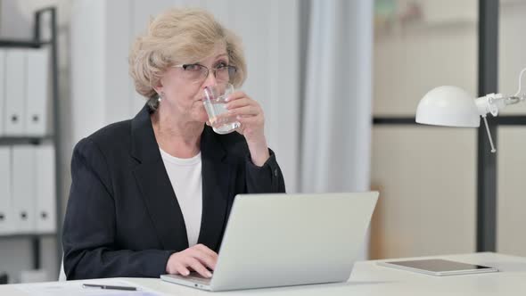 Old Businesswoman Drinking Water While Working on Laptop alt