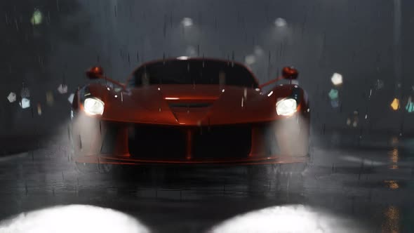 Red car at night in the rain. 3D Render alt