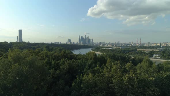 Aerial Shot of Sparrow Hills and Skyscrapers of Moscow International Business Centre in the Distance