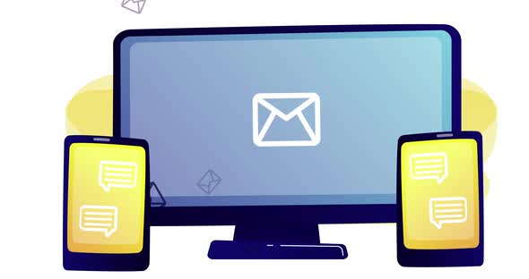 Screens with social media icons, speech bubbles interface alt