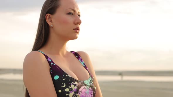 Sensual Woman in Black Bikini Standing and Enjoying Sunshine