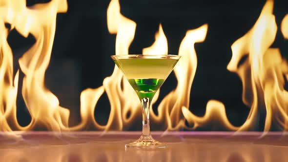 Cocktail in Fire on a Bar