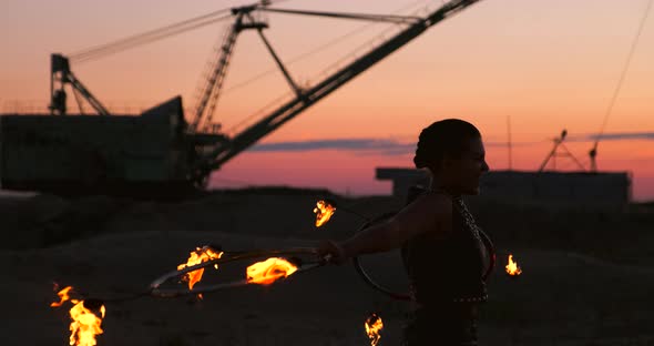 Fire Show Artist Breathe Fire in the Dark at Abandon Building Slow Motion alt