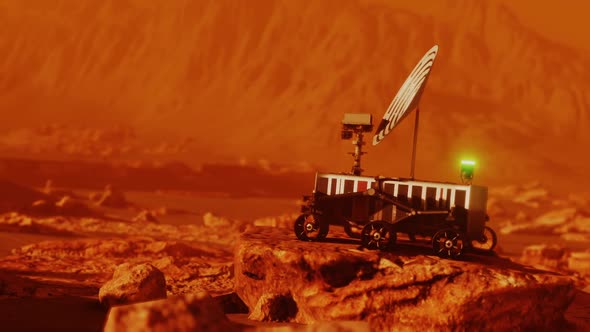 Mars Robotic Rover on Red Place Surface Searching for Signal alt