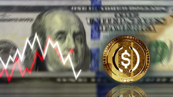 USDC USD Coin stablecoin cryptocurrency coin over 100 Dollar banknotes loop alt