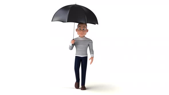 Fun 3D cartoon man walking with an umbrella alt