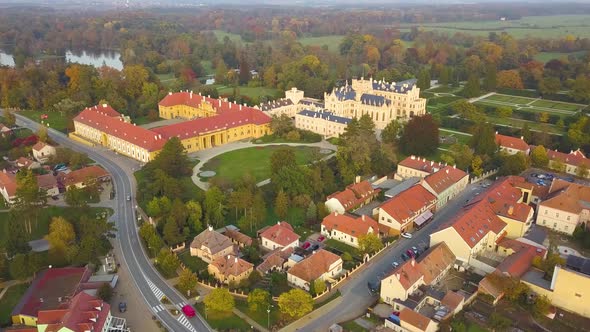 Aerial View of Small Town Lednice and Castle Yard with Green Gardens in Moravia Czech Republic alt