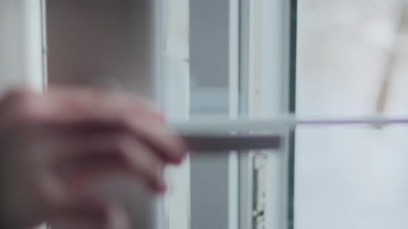 Man Hand Open Closed Window White Plastic Pvc.Hands Opening Plastic Windows In Morning For Fresh Air alt