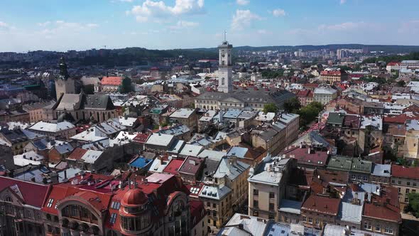 The Center of Lviv Old City Ukraine on a Sunny Day 