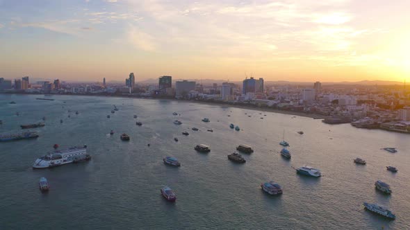 Aerial view of Pattaya sea, beach in Thailand in summer season, urban city with blue sky alt
