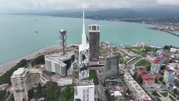 Aerial shot of modern buildings in downtown of Batumi. Batumi technical university tower alt