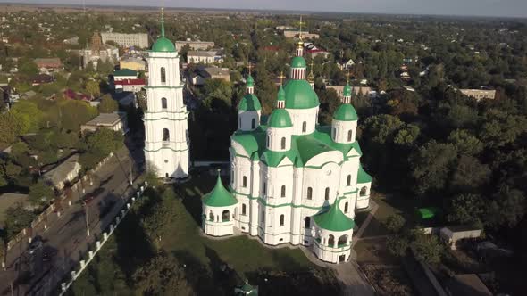 Aerail view to Cathedral Nativity Blessed Virgin in Kozelets, Chernihiv region, Ukraine alt