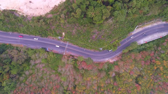 Aerial view of mountain road in forest in autumn season Top view alt