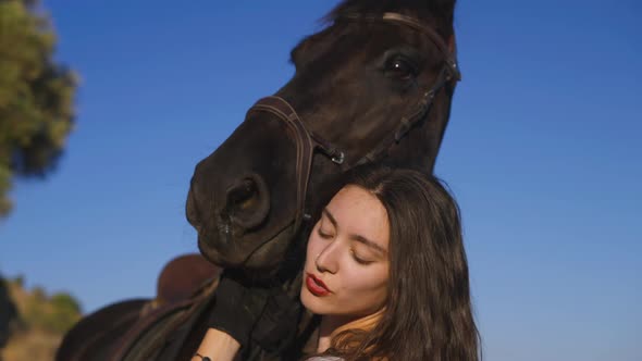 Closeup Head of Graceful Horse with Slim Beautiful Equestrian Talking Hugging Mammal alt