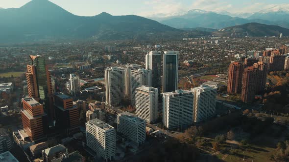 High Rise Buildings In Las Condes District Near Araucano Park In Santiago, Chile - aerial drone shot alt