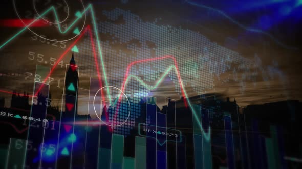 Stock market data fluctuating against city background alt
