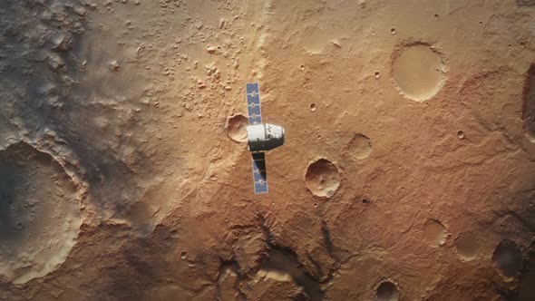 Planet Mars From Orbit with Spaceship