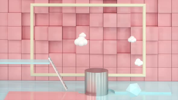 Many geometries in the cartoon room,floating clouds. alt