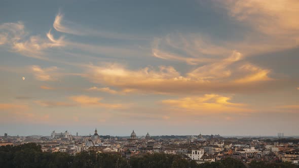 Rome, Italy Moonrise Above Rome Skyline, Cityscape With Famous Landmarks