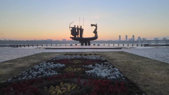 Symbol of Kyiv - a Monument To the Founders of the City in the Morning at Dawn. Ukraine. Aerial alt