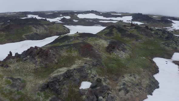 The Magma Stone Field of Gorely Volcano Covered with Fog