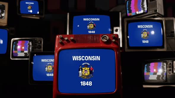 Flag of Wisconsin on Retro TVs. 4K.