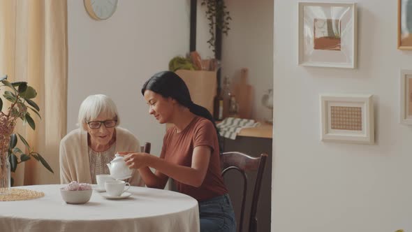 Female Caregiver Drinking Tea with Senior Woman at Home alt