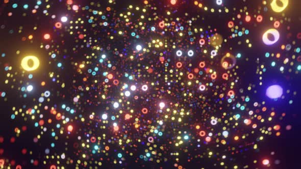 Flying Through Glowing Multicolored Dots and Rings alt