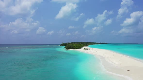 Aerial tourism of luxury coast beach voyage by shallow ocean with clean sandy background of a picnic alt