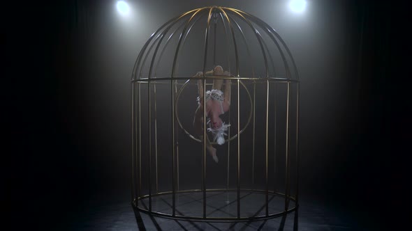 Girl in a Twine Upside Down Spinning on a Hoop in a Cage alt