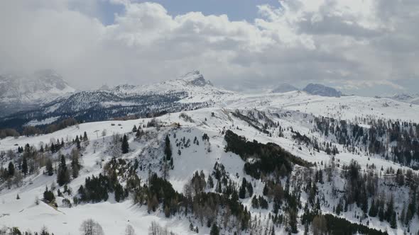 Aerial, Snowy Dolomites Mountains, Huge Peaks And Beautiful Winter Landscape