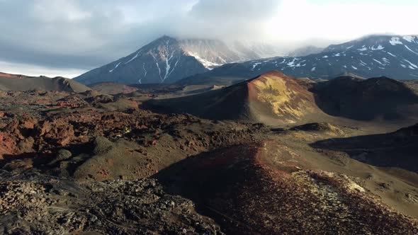 winter land with a view of the snow-capped volcano