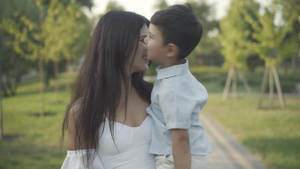 Cute Little Boy Smiling Beautiful Woman Rubbing Noses Turning To Camera Smiling alt