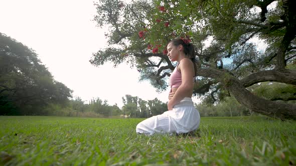 Side View of Young Woman Practicing Breath exercise Under a Tree in a Park.Yoga Outdoor
