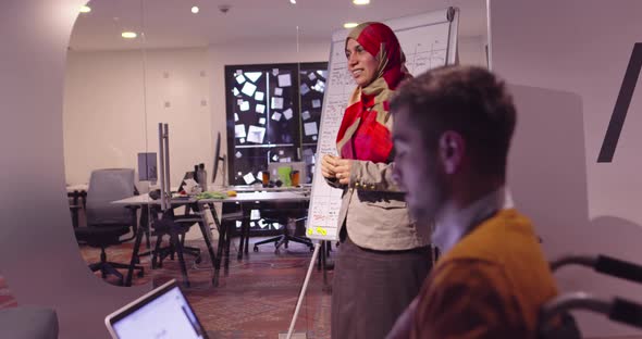 Muslim Woman in a Modern Open Space Coworking Office Giving a Presentation to Team alt