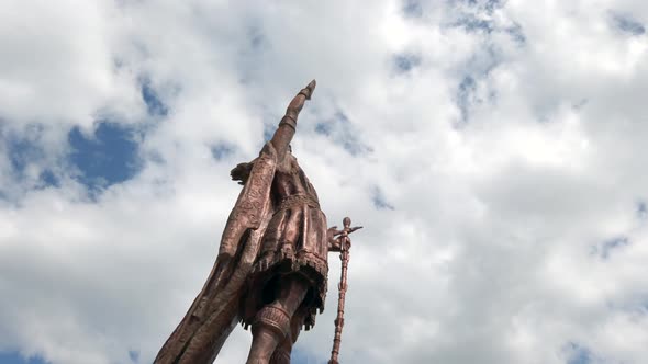 Iconic Inca Emperor Atahualpa Bronze Statue In Peru, Low Angle Orbit alt