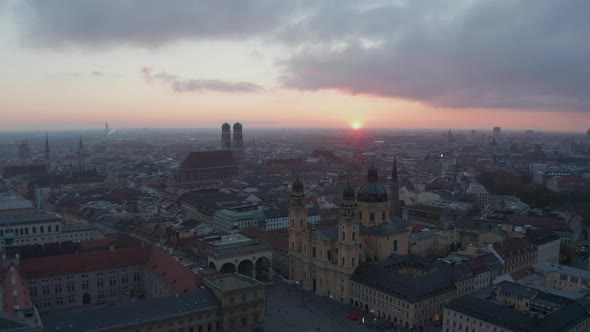 Circling Munich City Center, Aerial Perspective of Bavarian City in Times of Coronavirus Covid 19 alt