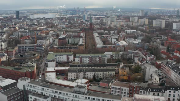 Aerial View of Houses in Residential Neighborhoods and Old Church in Hamburg City Center alt