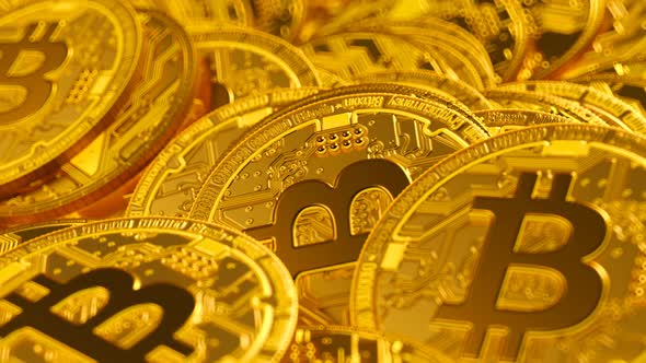 Golden bitcoin BTC pile. Loopable animation. Cryptocurrency, virtual money alt