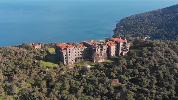 Aerial Drone View of Buyukada Rum Yetimhanesi Prince Islands or Adalar Istanbul alt