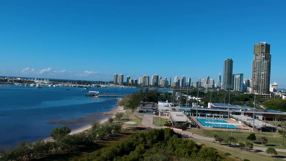 Aerial view showing Australia's Gold Coast waterways and urban sprawl on a clear day alt