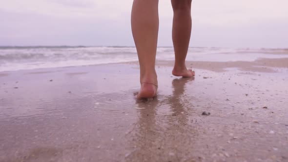 Girl Walks on the Beach on the Background of the Sea