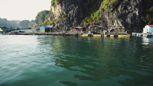 Floating Fishing Village In The Ha Long Bay. Cat Ba Island, Vietnam. alt