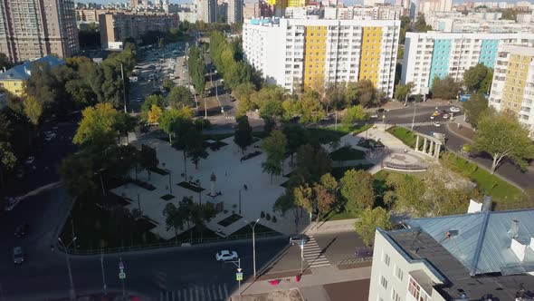 Small City Square in Samara in Autumn Day, Aerial View